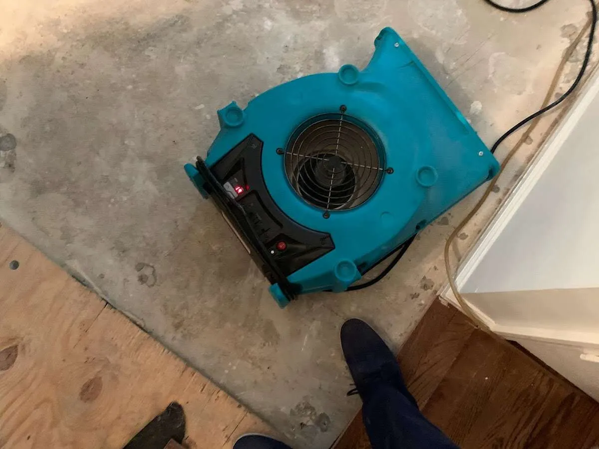 Air mover drying subfloor during Leak Detection & Repair in Sheridan